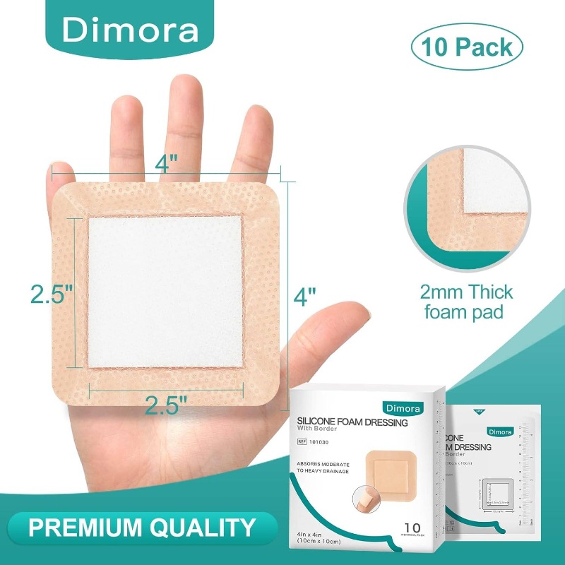 10 Pack Foam Dressing with Border Adhesive - Waterproof 4x4 Inch Wound Care, Heavy Drainage Absorbent Non-Woven Bandage, Individually Wrapped for Hygiene, 4x4cm Cut-to-Fit for Sensitive Light & Sensitive Wounds, Post-Surgery & Chronic Conditions - M