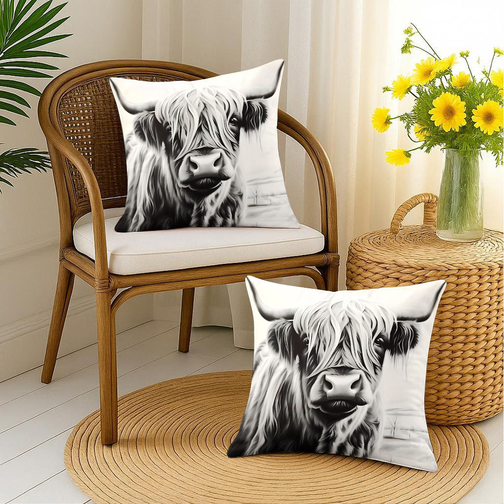 TEMU Set Of 2 Cushion Covers Featuring A Highland Cow Design, Stylish Farmhouse Decoration, Washable Material, Concealed Zipper, Enhancing Your Sofa,
