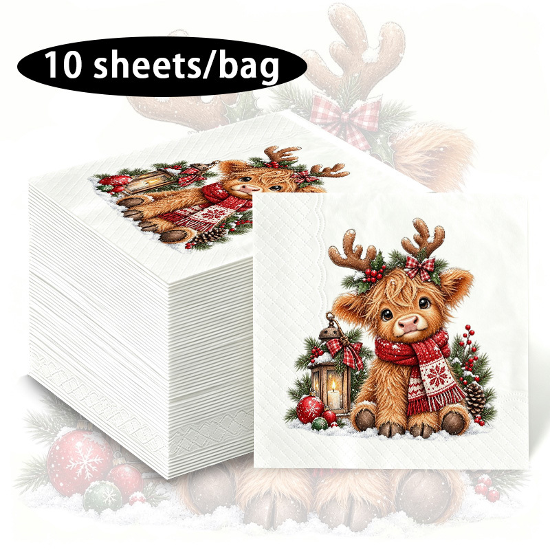 TEMU Serviette Highland Cow , Écharpe Rouge de Noël, Lanternes, Pin's Imprimés, Tissu Idéal pour Scènes Festives à et en Fête, Serviette Décorative
