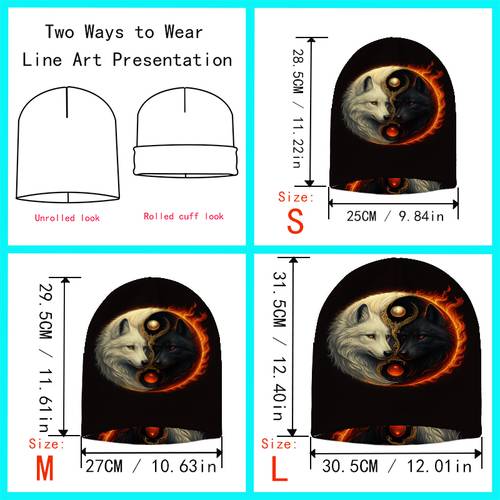 1pc 2D Flat Brimless Hat Yin Yang Wolf Fire Knit Beanie Suitable for Urban Hiking Jogging New Year Gift Thanksgiving Gift Skullies Teen Beanie Machine Washable Lightweight Warm Hip Hop Beanie 2-In-1 Hat, Without Battery