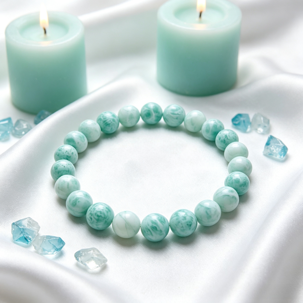 Natural Larimar Round Bead Bracelet, Ocean Pattern Gift