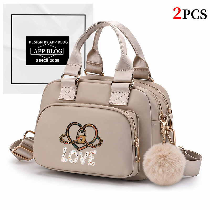 2pcs Love Pattern Versatile Women's Crossbody Bag Shoulder Bag Suitable For Pairing With Cute Plush Little Balls Set. Universal Commuter Bag For Women Nylon Fabric Phone Bag Handbag