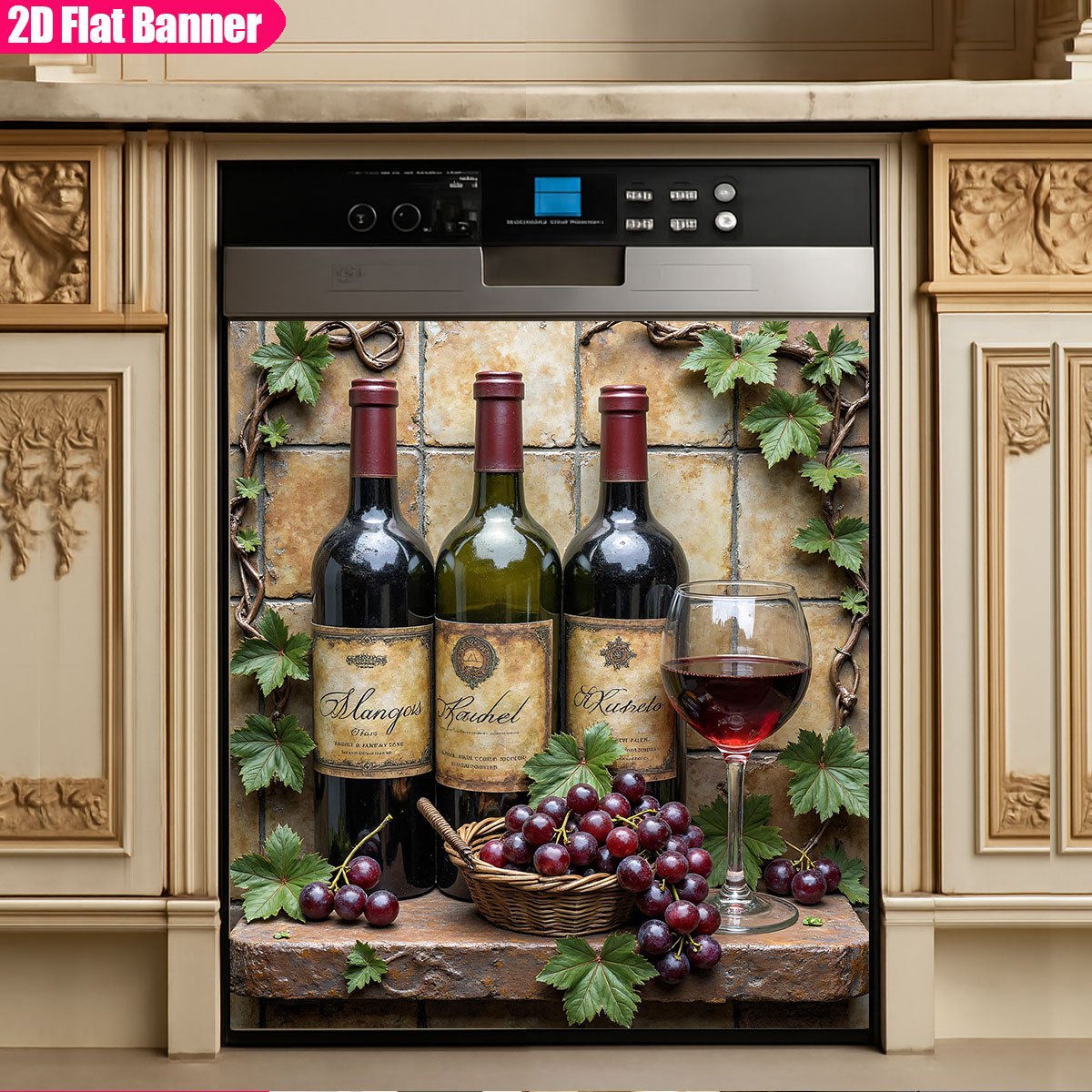 TEMU Dishwasher Door Cover- 2d Flat Pvc Kitchen Decor With 3 Bottles Of Wine And Glass Of Red Wine, Basket Of Grapes Design, And Stick Front Panel
