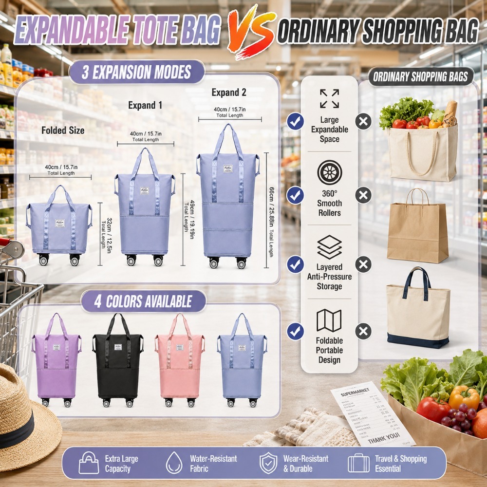 3 expandable wheeled luggage tote bag wear resistant portable handheld rolling bag reusable supermarket shopping cart bag multi purpose travel carry on bag Product details 9