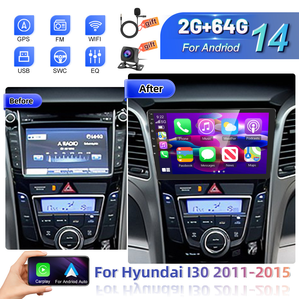 Image of Car Stereo For I30 2011-2015 [2+64g] 14 Car Stereo Auto, 9" Touchscreen Radio, Wifi, Eq Dsp, Wireless, Swc, , Car Frame, Backup Camera Upgrade For Radio