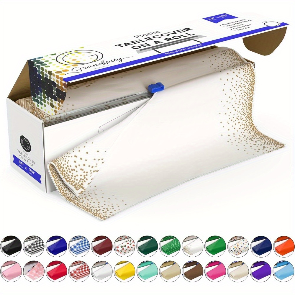 TEMU Plastic Tablecloth Roll - 54 Inches X 100 Feet Golden Polka Dot Plastic Tablecloth Party Disposable Tape Cutting Box - Disposable Tablecloth Cut