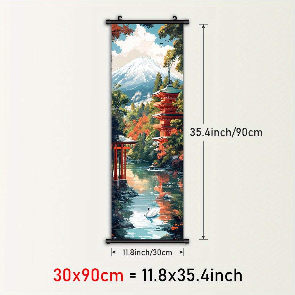 TEMU 1pc Anime-themed Japanese Framed Hanging Scroll Wall Art - , Red & Swan Canvas Print, Plastic Frame With Hanger, Vertical Asian Decor For Living