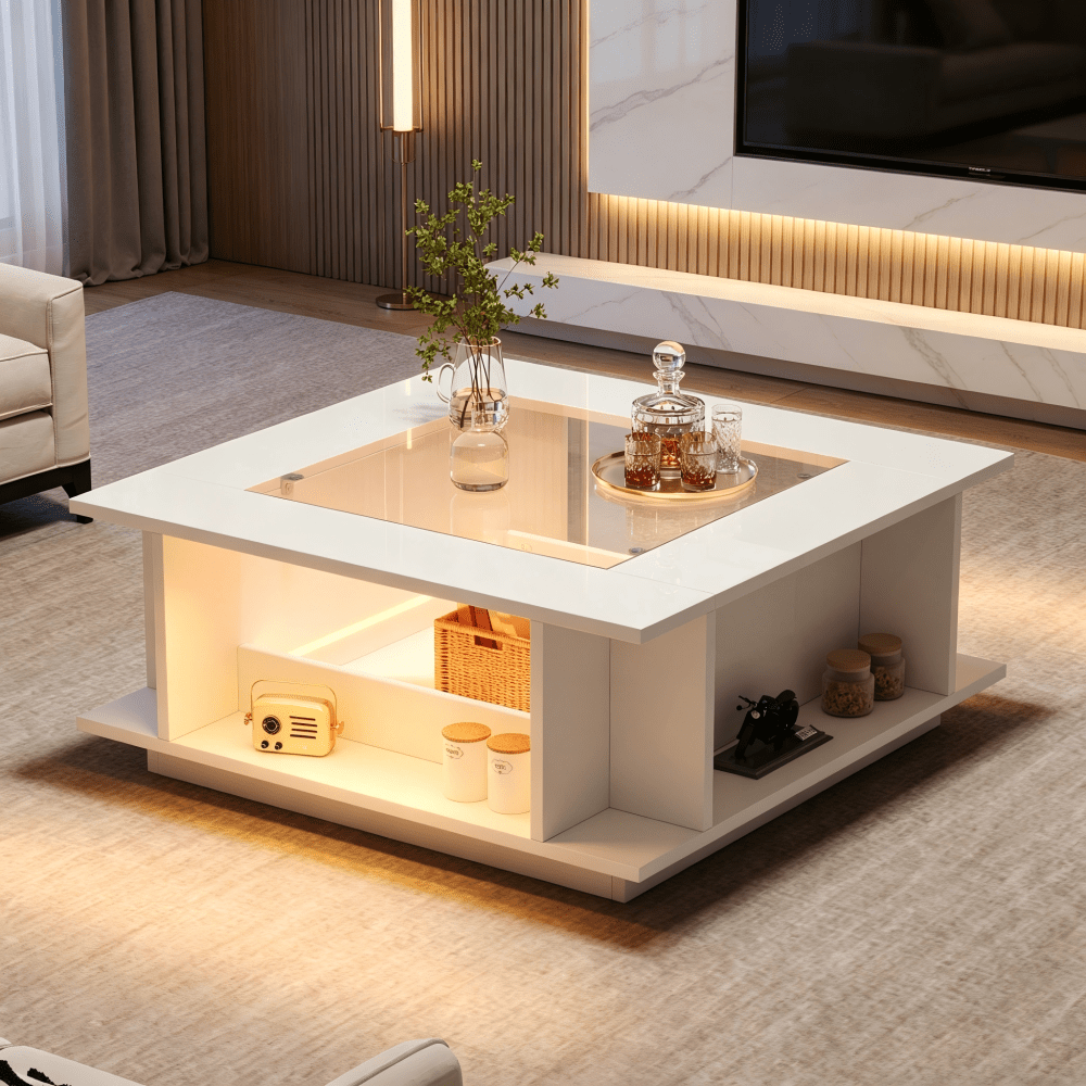TEMU Table basse carrée blanche 70x70x30cm avec plateau en verre et à haute brillance ; utilisée table d'appoint, table de canapé ou table basse de