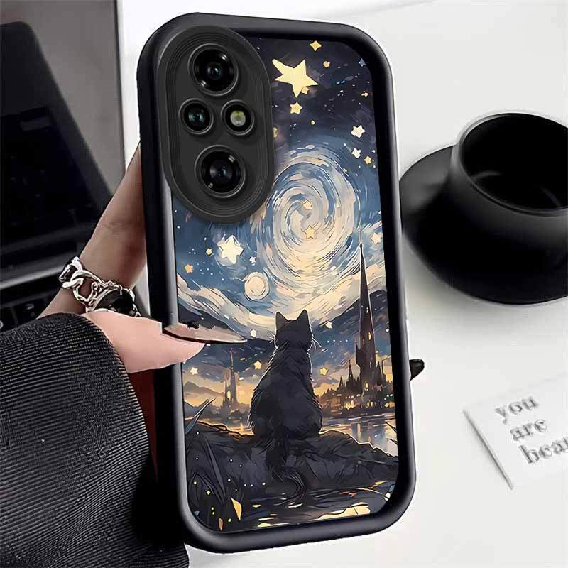 TEMU Phone Case: 200 A Black Cat Under A Bright Starry Sky Designed For Fashion With Comfortable Feel And Lightweight Compatible With Honor 200