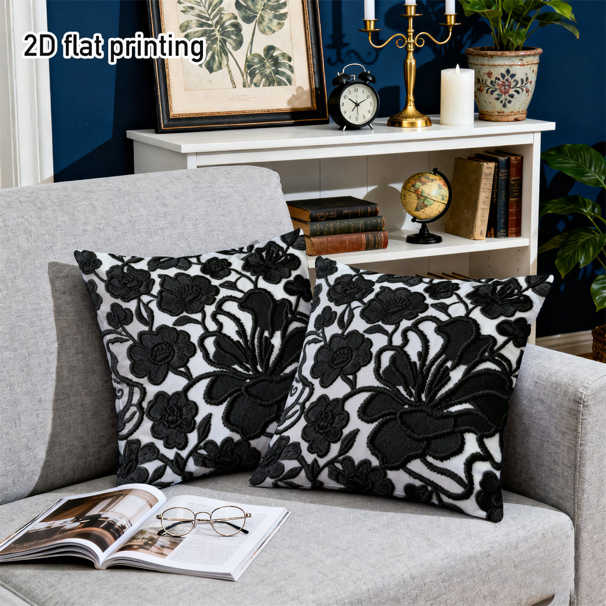 TEMU 2d Flat 2pcs Elegant Black Floral Throw Pillow Covers, Duplex Prints Intricate Flower Patterns, Ideal For Modern Sofa, Cozy Bedroom, Vintage