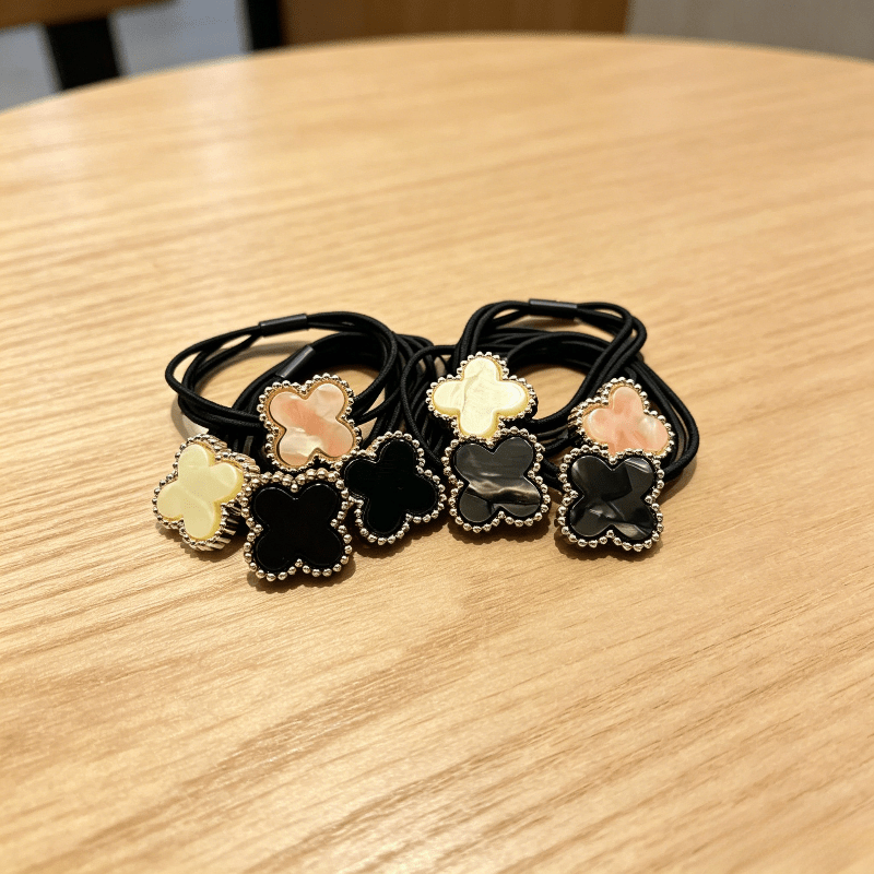 TEMU 8 Stück/2er-Pack Hochwertige, exquisite, farbige vierblättrige Kleeblatt-Elastik-Haargummis, haarschonende Scrunchies im koreanischen Stil,