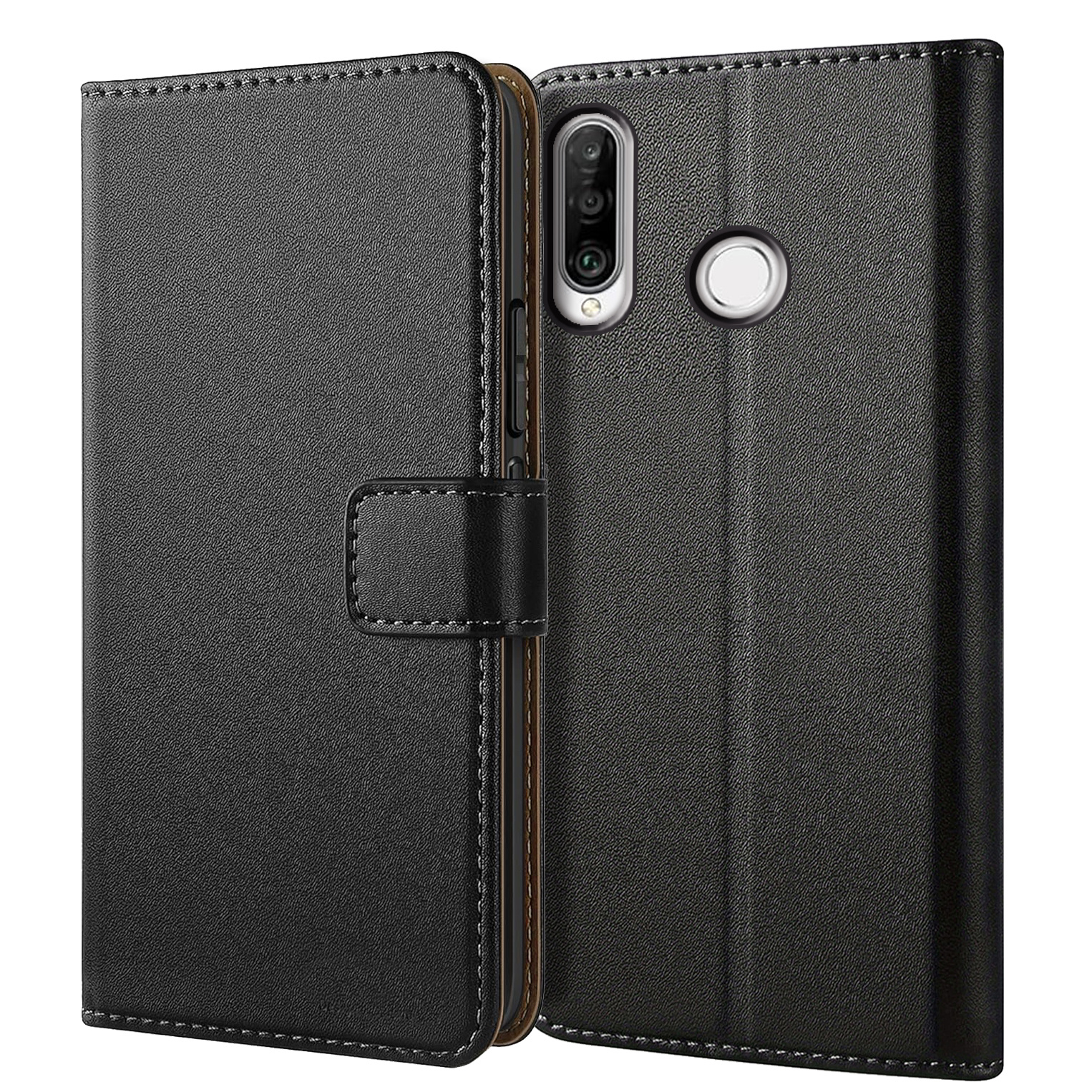 E-shop Handyhülle - Schwarze Kunstleder-Wallet-Hülle für Huawei P30 Lite mit Ständer und Kartenfach, entwickelt zum Schutz Ihres Handys