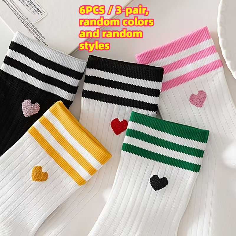 TEMU 6 pièces/3 paires de styles de couleurs aléatoires, chaussettes de sport montantes pour couple, adaptées à toutes , chaussettes avec cœur à la