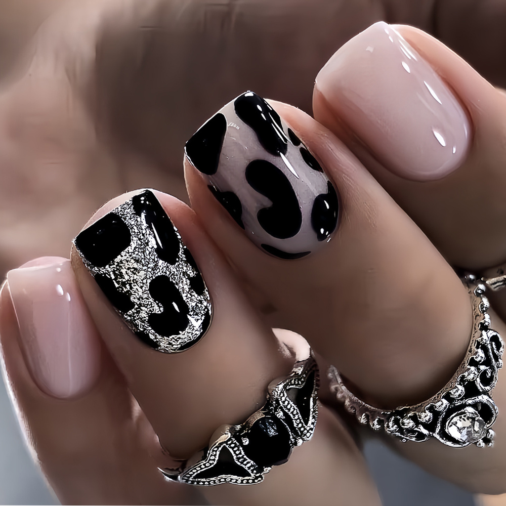Image of 24pcs Chinese Square Glossy Press-on Nails With Black Geometric Stripes, Leopard Print & Silvery Glitter Design - Fashionable False Nails For Women And S, Includes Jelly Glue And Nail File