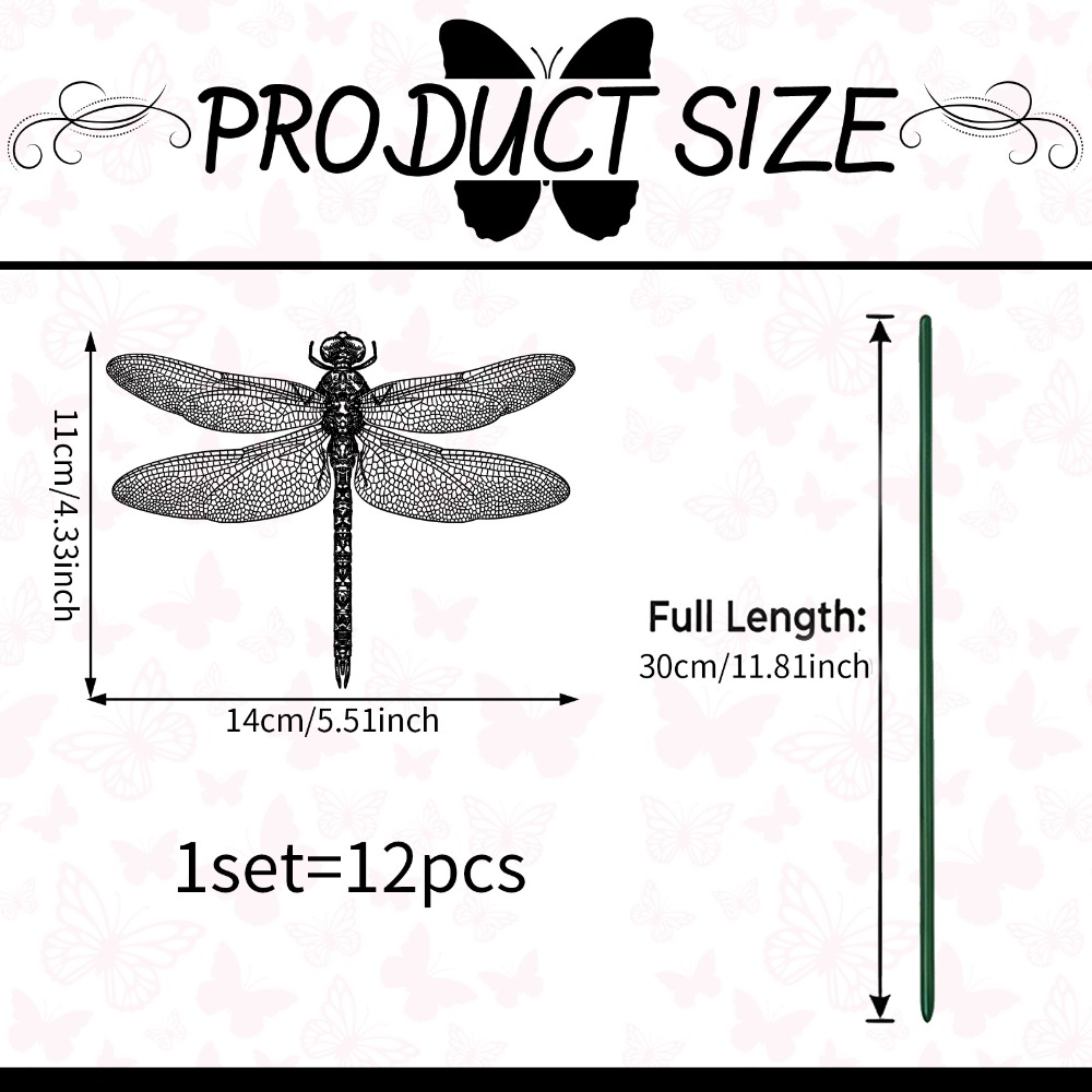 TEMU [3d] A Set Of 12 Simulated Hollow Dragonfly Long Rod Inserts, Garden Flowerbed Potted Flowers Embellished Retro Wrought Iron Garden Decoration