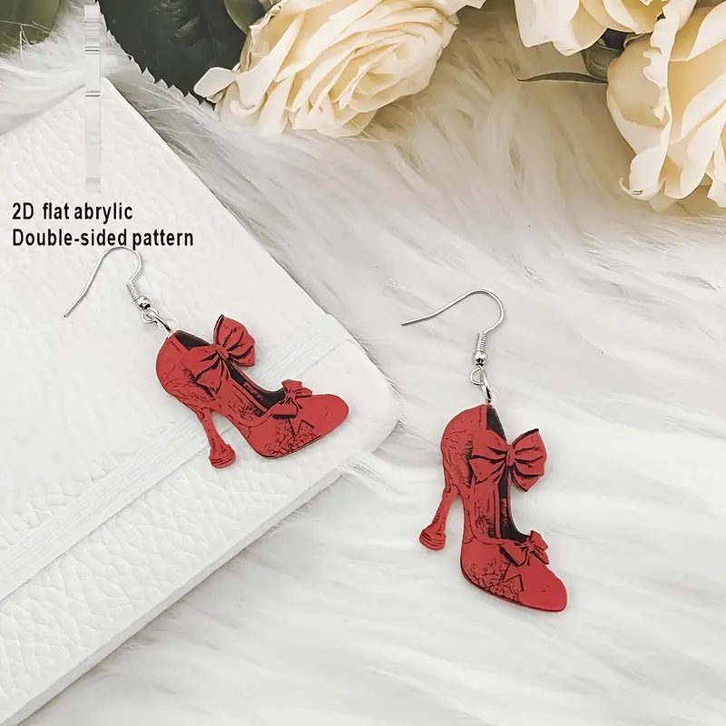 2D Flat Acrylic Christmas Red High Heels Earrings, Festive