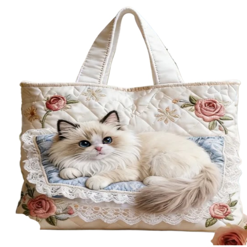 TEMU Women's Bohemian Quilted Cat Handbag Tote Shoulder Bag - Washable Suitable For Commuting, Vacation & Daily Use, Multicolor Cat-themed For Cat