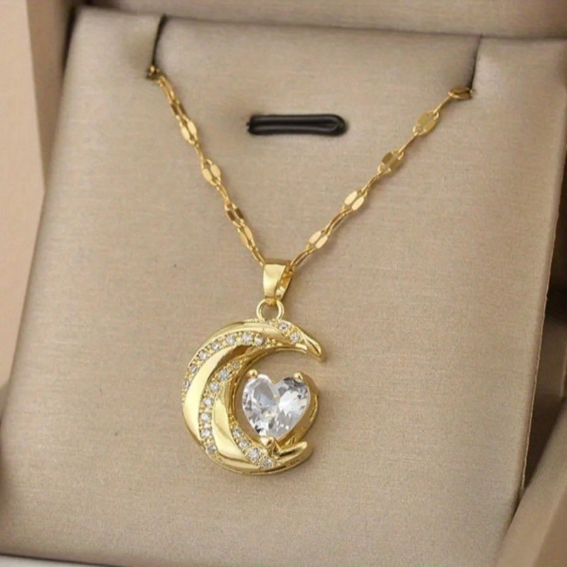 Image of 1pc Chain Stripe Moon Crescent Love Heart Pendant Stainless Steel Necklace For Women, Romantic Planet Jewelry For
