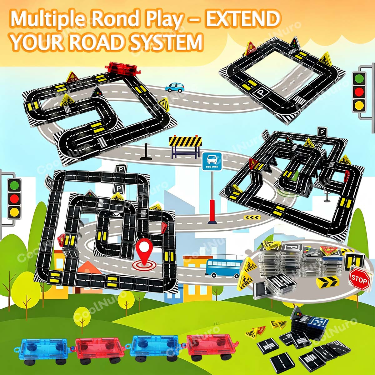 24/44pcs Magnetic Building Blocks Road Set for Kids