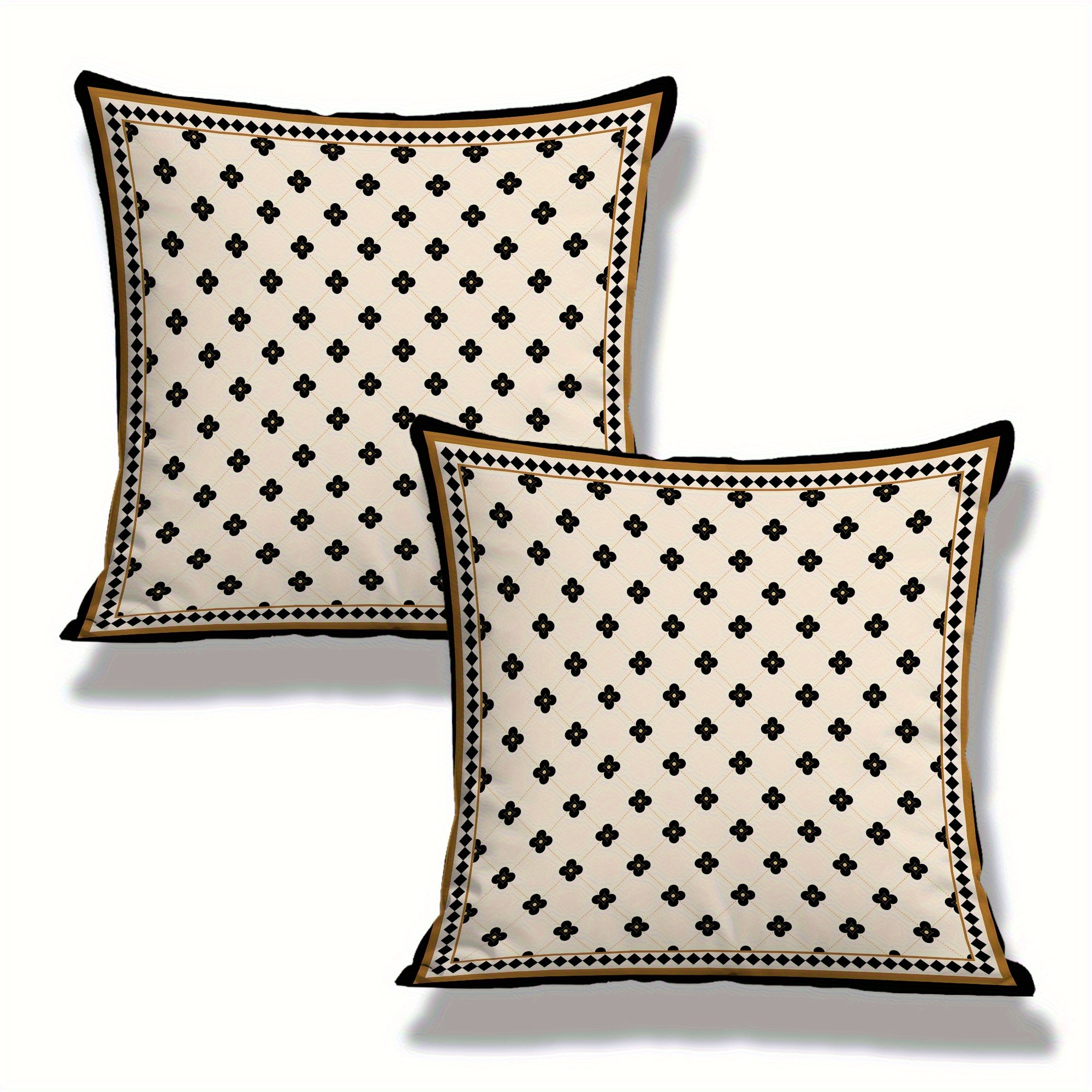 TEMU 2pcs Ge Yunfang Decorative Pillowcases, Beige With Black Lace And Yellow Plaid Border, Vintage , Machine Washable, Zipper Closure, Suitable For
