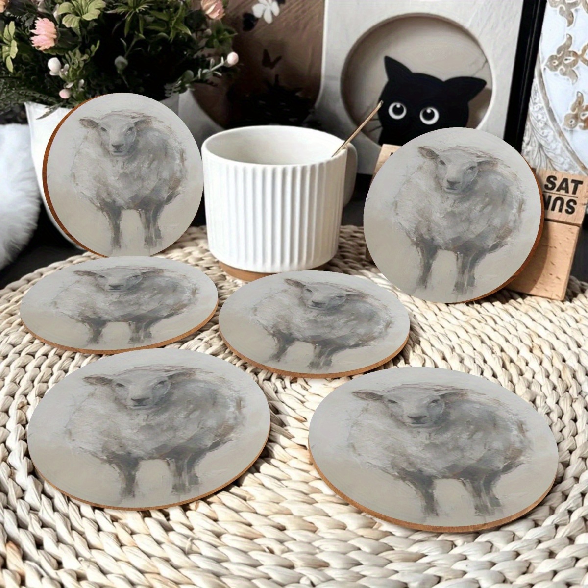 TEMU 2d-6pcs Minimalist Sheep Round Wooden Coaster Set - High-quality Reclaimed Wood, Gray , With Copper Accents, Perfect For Drinks, Desk Protection