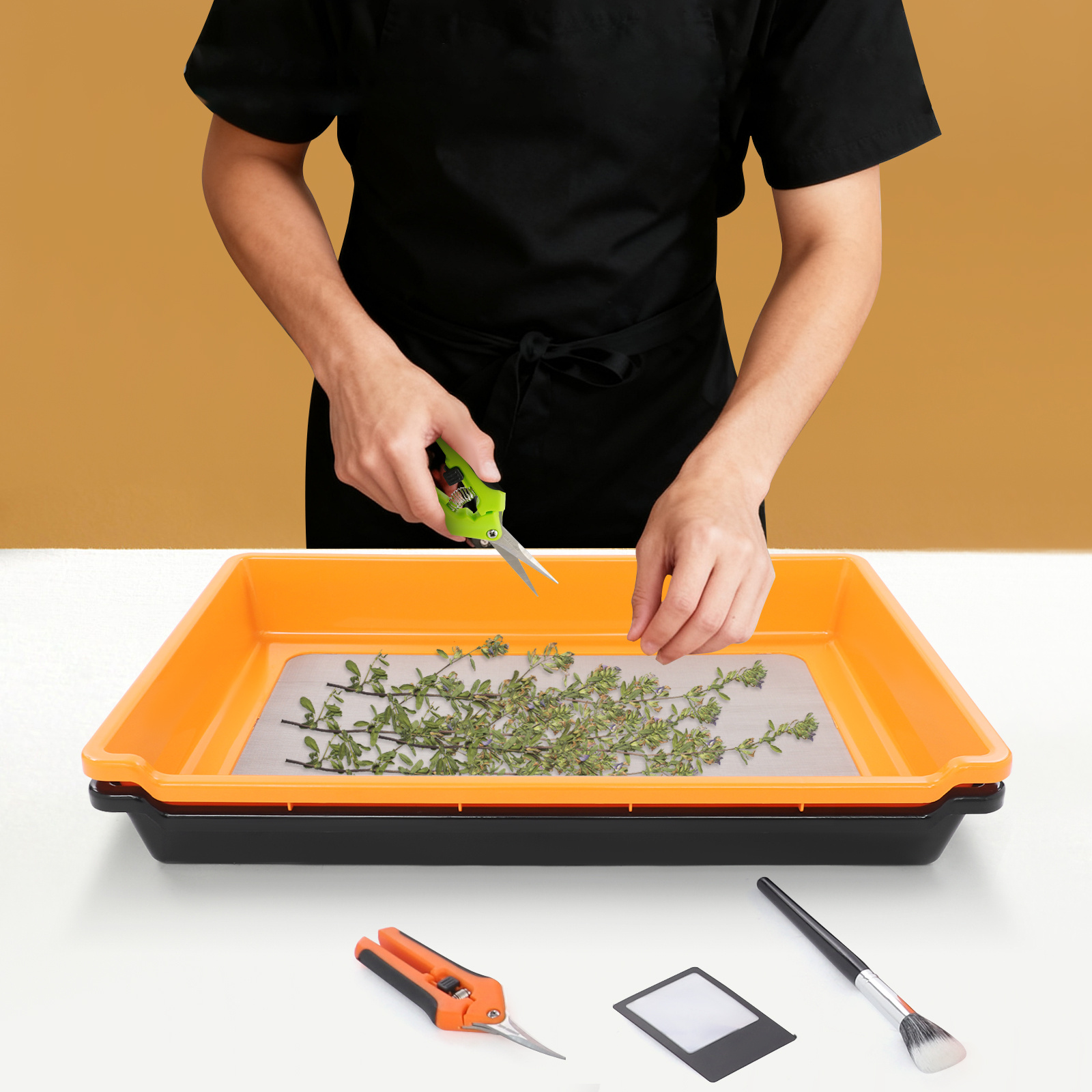 Image of Set Of Black And With A Trim Tray Kit, Featuring -micron Sieve And Gardening Tools, With Pollen On A Sieve Measuring 39.5x22.5cm And A Height Of 9.2cm. Includes Scissors, Brushes, And Earrings