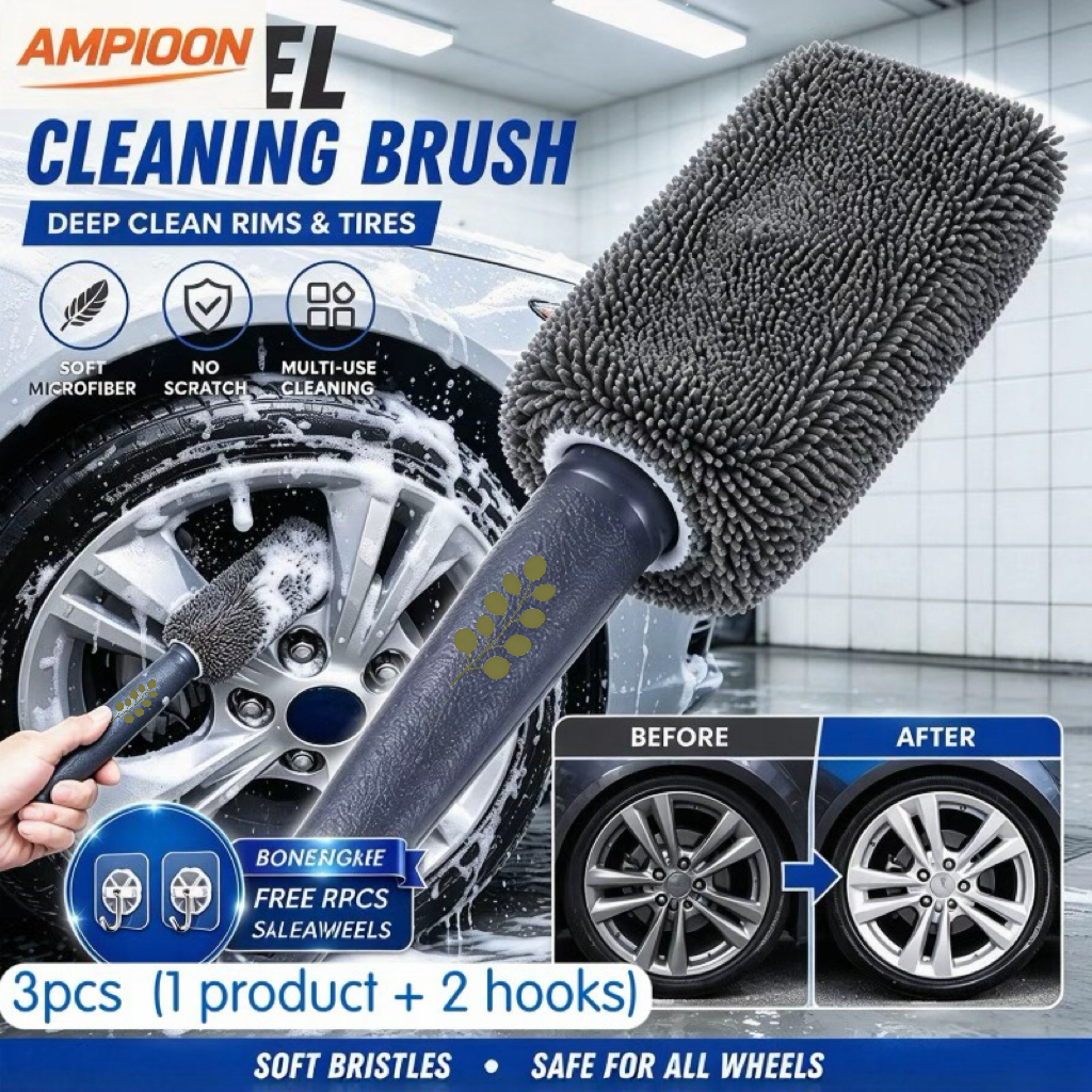 TEMU [] 3pcs Set (1pc Brush And 2pcs Hooks) Green Leaves Style Fiber Car Wheel Cleaning Brush, Soft Non-scratching Bristles, Ergonomic Handle, Tire