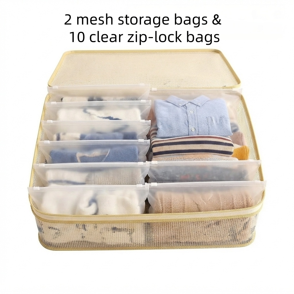 TEMU Lot de 12 sacs (10 sacs transparents à cordon de serrage + 2 sacs de rangement transparents , sacs organisateurs pliables à fermeture éclair),