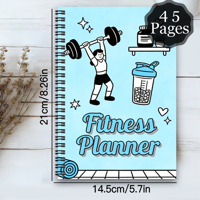 1pc Fitness Planner Spiral Notebook Journal | Diet and Fitness Exercise Health Log, Daily Exercise Planner for Women and Men, Compact Size, Fitness Themed Personal Organizer, Weight Loss Plan, Weight Lifting Shaker Bottle, Supplement Container