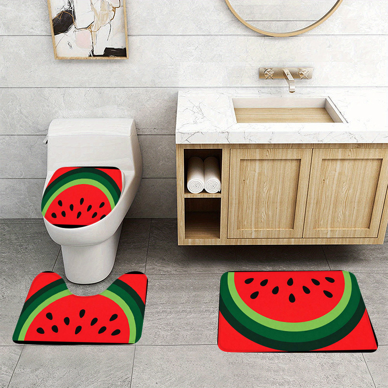 TEMU 3pcs Watermelon Pattern Flannel Non-slip Toilet Mat Set, Absorbent, Washable, Decorative Bath Mat For Home Bathroom, Cozy And Stylish Floor