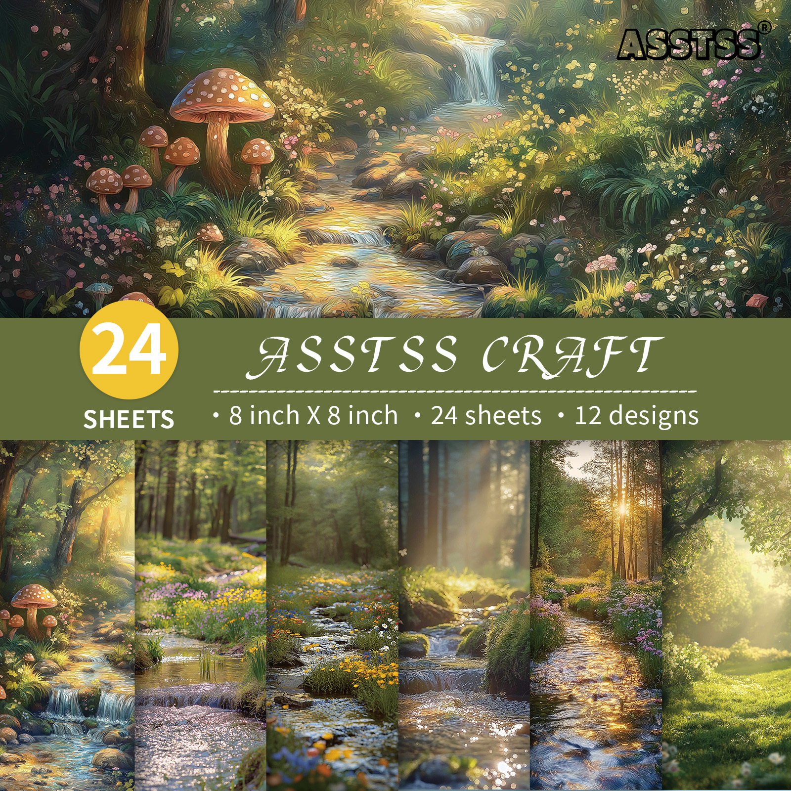 TEMU Bloc de Papier Scrapbooking 24 Feuilles 8*8 Pouces, Papier de Fond Peinture Paysage Forêt Lumineuse, Carton Épais pour Journaling, Art Collage,