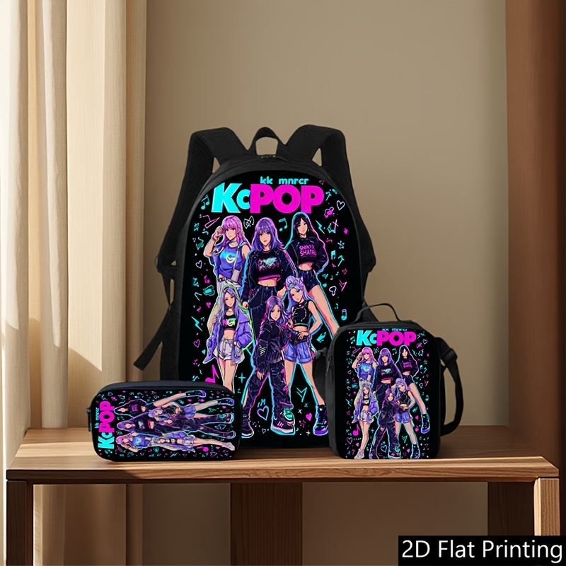 Image of A Trendy Kcpop Themed 3pcs Backpack Set, Which Includes A Main Backpack, A Portable Pouch, And A Pencil Case. It Features A Vibrant Print Design With A Black Background And Fluorescent Purple, Pink