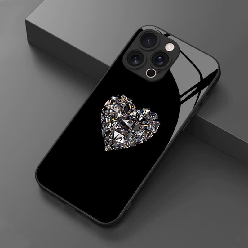 TEMU Phone Case - 1pc Shiny Diamond Heart Pattern Hd Glass Phone Case For Iphone