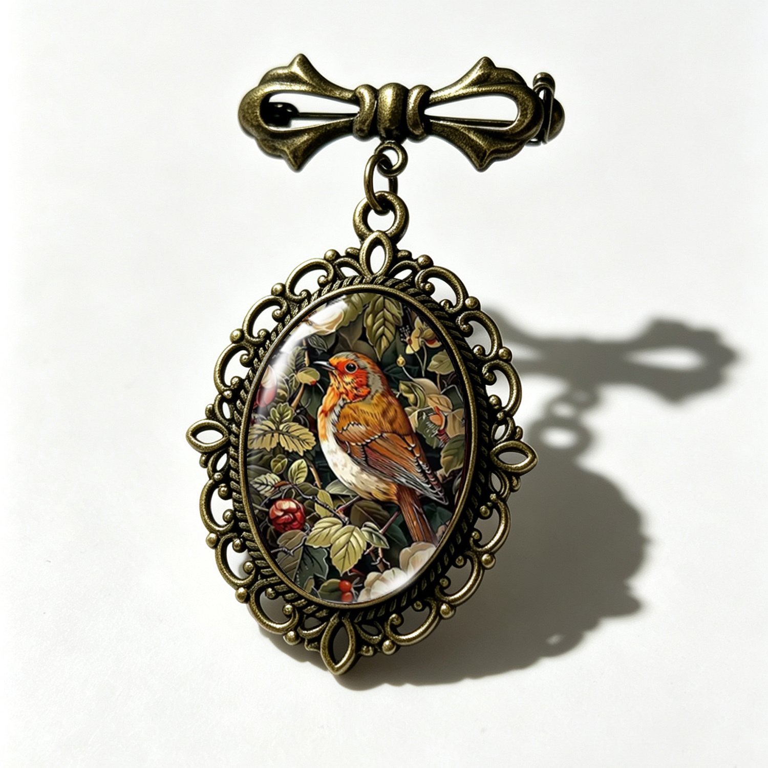 TEMU 1 stuk roodborstje bloemen- en -tuinkunstprint ovale glazen cabochon broche, Victoriaanse stijl natuurlijke vogeljuwelen