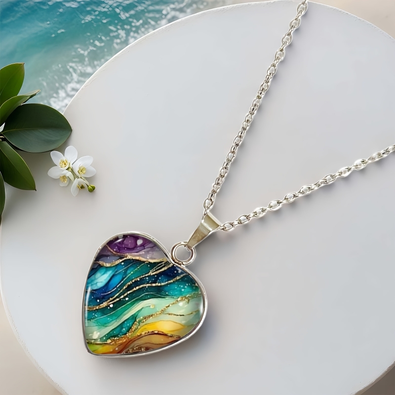 Bohemian Colorful Pattern Heart Necklace, Stylish Gift for Women
