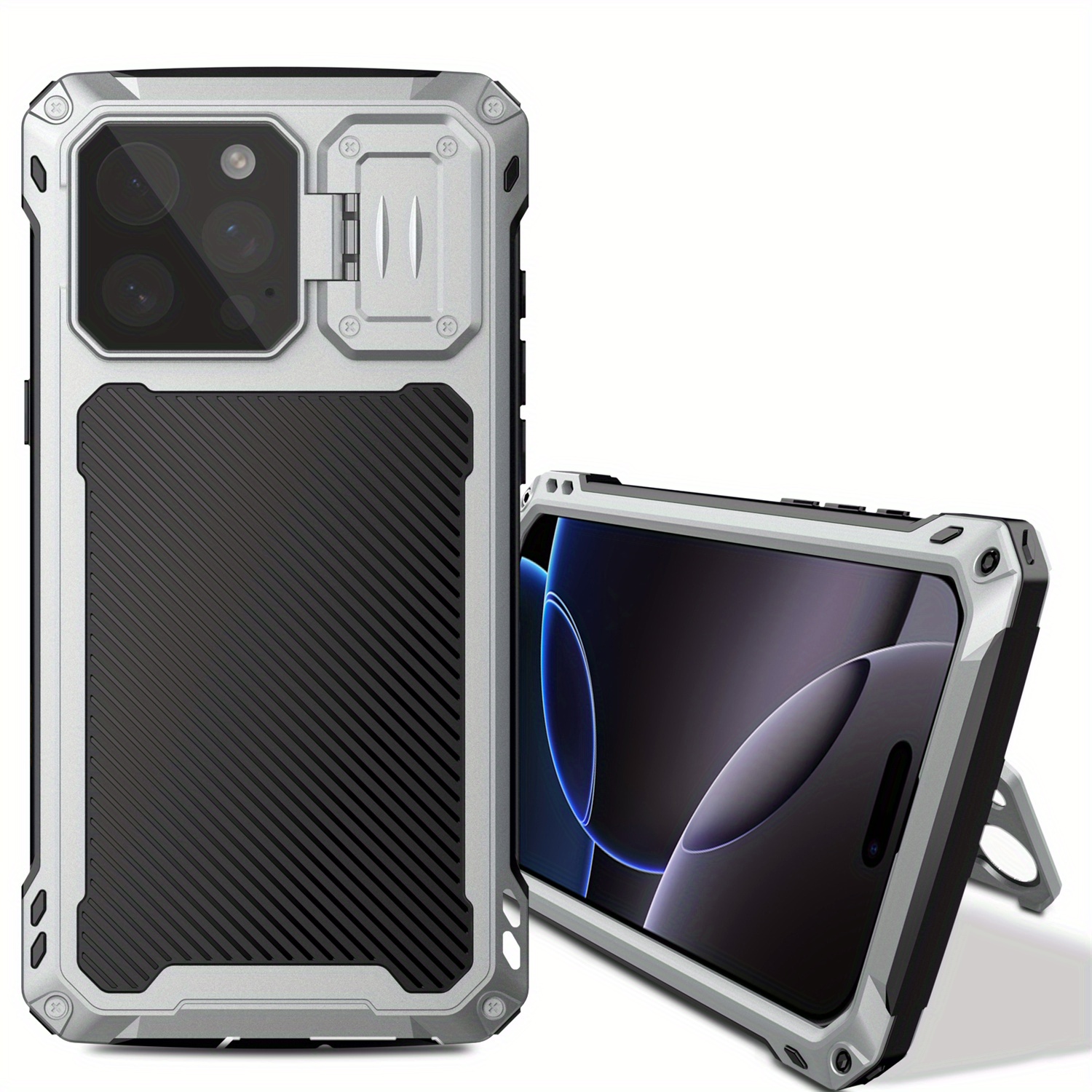 Phone case: for iPhone 16 15 14 Pro Max 16 Plus Metal Case with  Cover & Stand [Compatible with Magnetic] [Built-in Kickstand] Heavy Duty Rugged Magnetic Phone Case