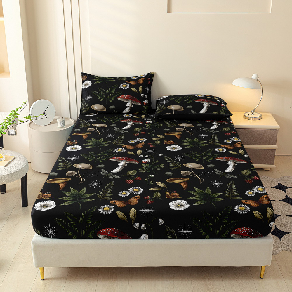TEMU 3pcs Plant Mushroom Print Fitted Sheet Set, Queen Mattress Protector, Double Bed Mattress Protector, King Bedding Kit, Polyester Machine