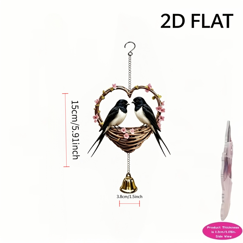 TEMU 2d Flat Printed Heart Rattan Bird Nest Double Pendant, Black And White With Pink Floral Decoration, With Chain And Bell, Fresh Style Courtyard