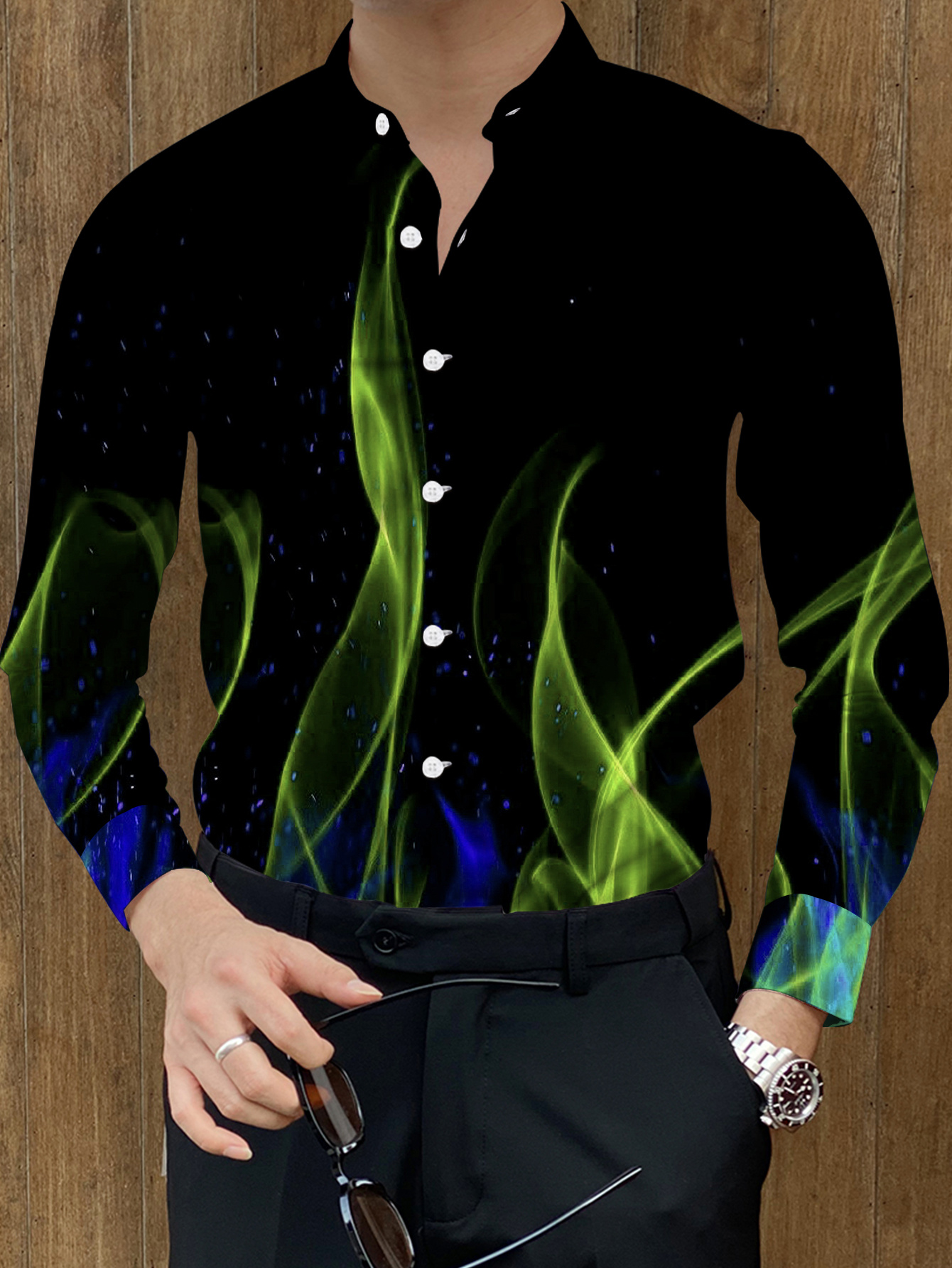 mens neon flame shirt black accents button - Temu