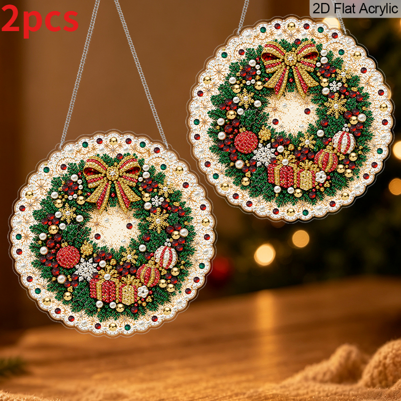 TEMU 2d Flat, 2pcs Round Christmas Wreath Pearl Suncatcher Kit, Rich Bow Bauble Gift Box , Includes Hanging Chain, Gorgeous Light Permeable Effect,