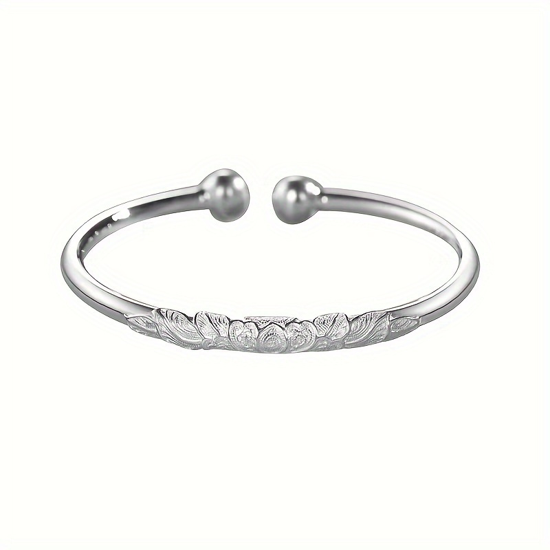 

Elegant Sterling Silver Open Cuff Bangle, Fashionable Dual-bead Design For Women And Teens - Hypoallergenic Adjustable Bracelet, Ideal For Birthdays & - No Plating, Pure 925 Silver