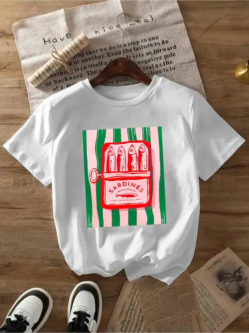 womens casual crew neck t shirt with fun letter canned fish print breathable regular length spring summer fashion top graphic design striped background machine washable casual attire