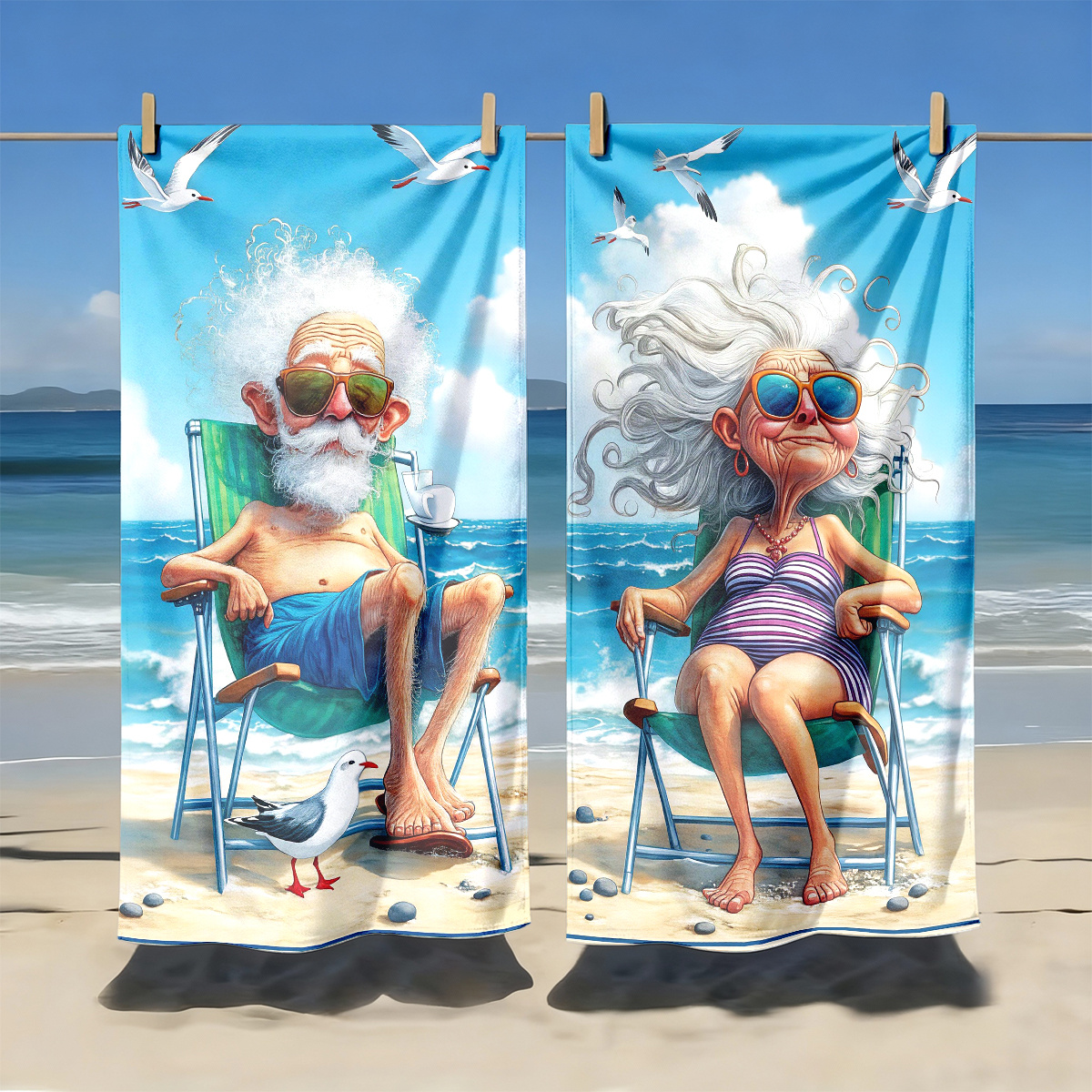 TEMU 2pcs Vacation Elderly Couple Theme Beach Towels | Quick-dry, Polyester Fiber | For Yoga, Travel, Swimming And Camping | For Beach Vacation |
