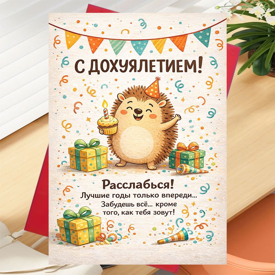 E-shop Eine einzelne Grußkarte mit einer Umschlag, für Geburtstagsfeiern mit Freunden, mit einem niedlichen Igel und einem Cupcake mitten unter