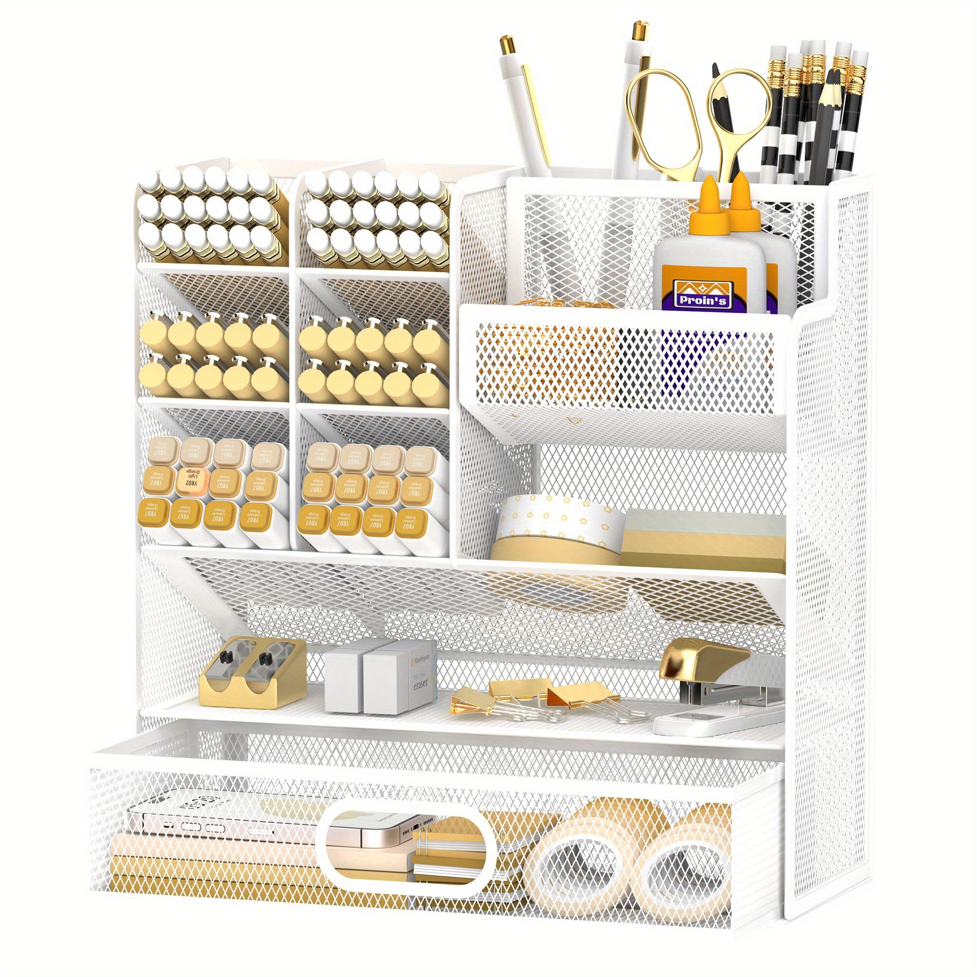 TEMU Daltack Desk Organizer With Drawer, Multifunctional Mesh Desk Pen Organizer, Desk Organizer With Pen Holder And Accessories For Office And Art