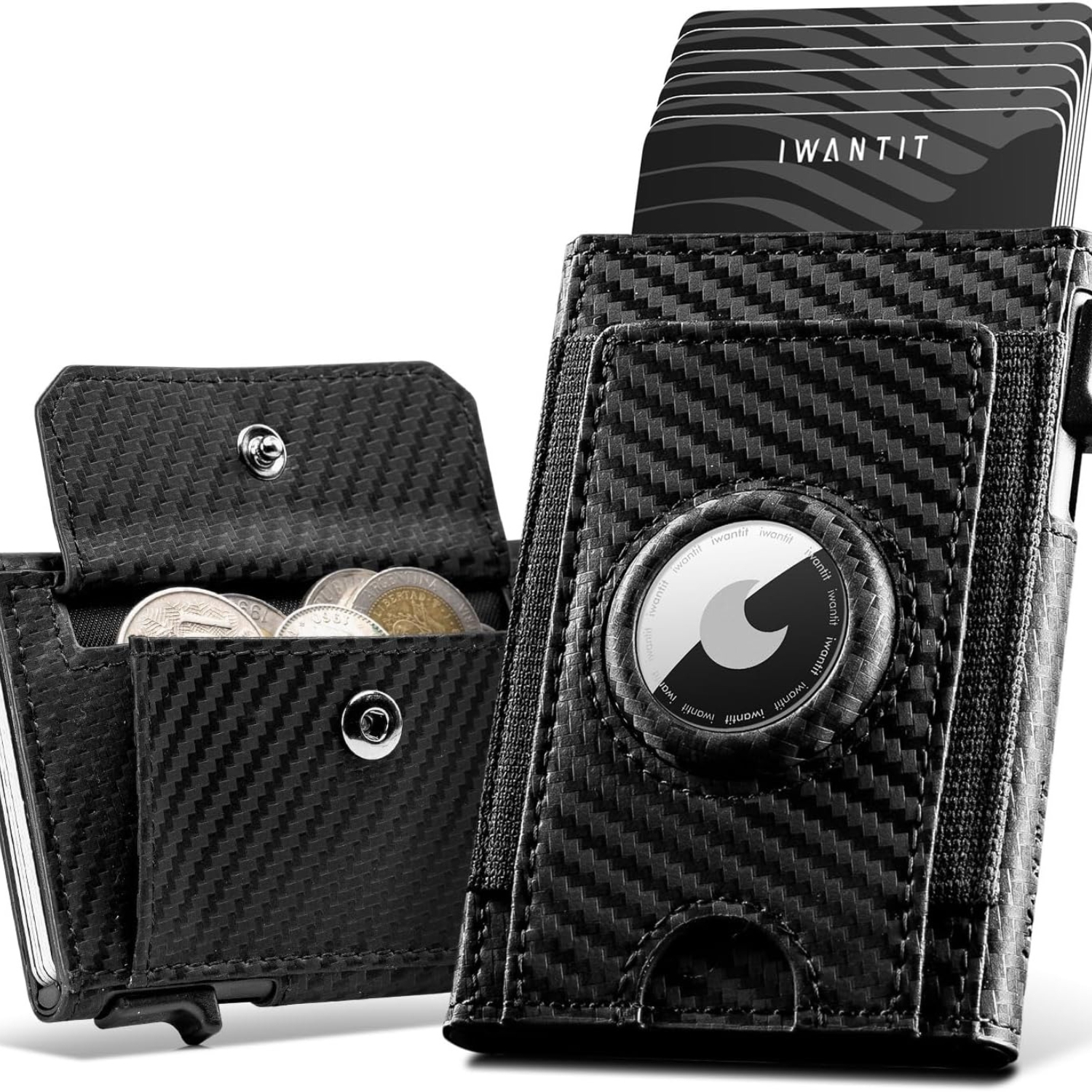 Image of Iwantit Airtag Wallet With Large Coin Compartment | Wallet For 6-7 Cards, Slim Men's Wallet With Rfid Protection, Pop-up Smart Wallet, Card Case With Air Tag Compartment, Carbon Fibre, Modern