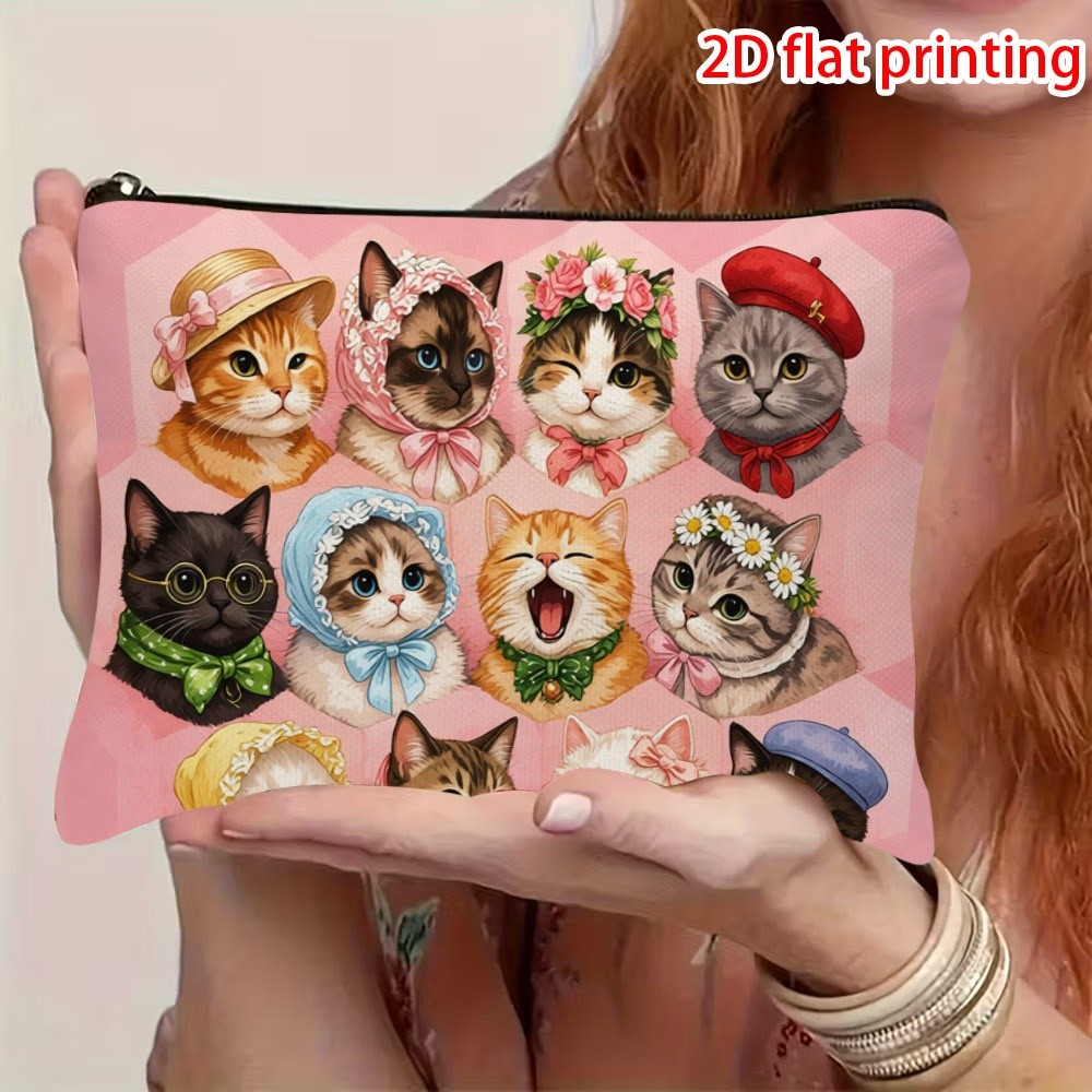TEMU 1pc Large Capacity Foldable Cat-themed Makeup Bag Suitable For Travel - Double-sided Kitten Print Cosmetic With Zipper Closure, Lightweight Gift