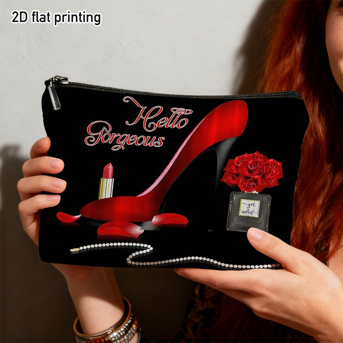 TEMU 2d Flat 1pc Stylish Red High Heel And Roses Durable Makeup Bag, Elegant Design, Ideal For Traveling Cosmetics, Home Vanity Organization, Date
