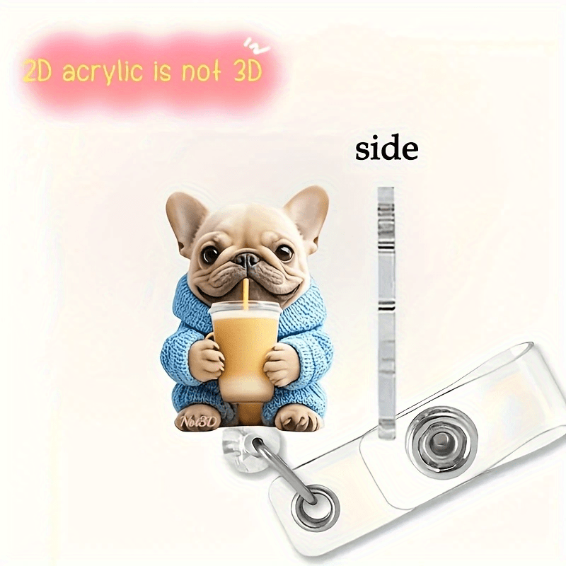 TEMU 1pc Acrylic 2d Flat Badge Holder Featuring A French With Boba Tea - An Adorable Cartoon Dog Dressed In A Blue Sweater, Ideal For Nurses And