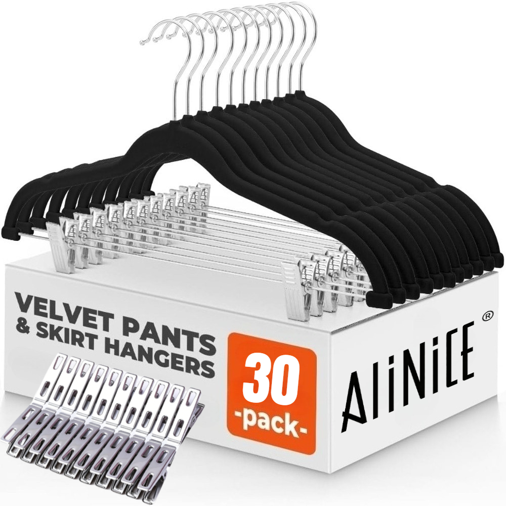 Image of 30pcs Skirt Hanger Set (10 Hangers + 20 Clips), Space- Ultra Thin Black Clip-on Hangers, Durable Non-slip Pants Skirt Hangers, Adjustable Clips 0 To 15 Inch For Trousers, Skirts & Shorts